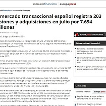 El mercado transaccional espaol registra 203 fusiones y adquisiciones en julio por 7.694 millones